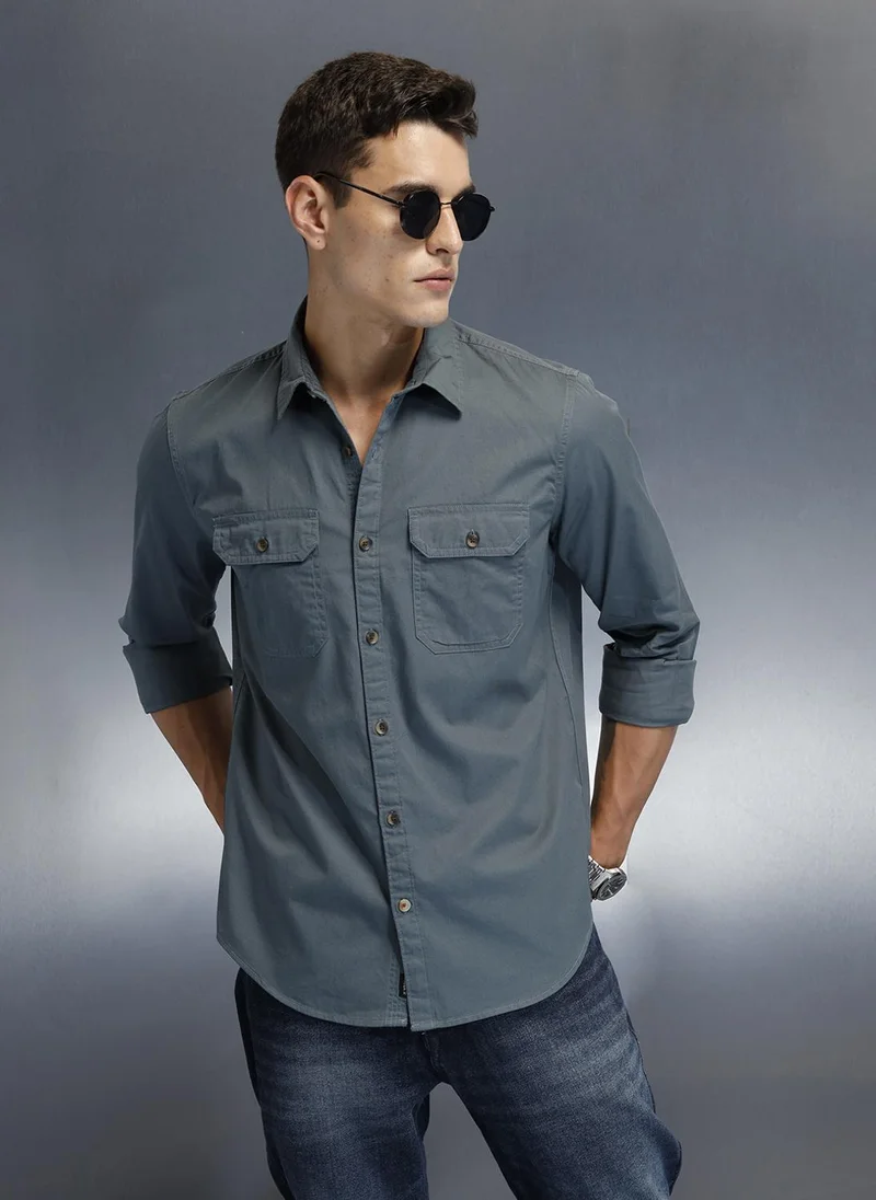Wrogn Men's Casual Cargo Double Pocket Shirt | Teal